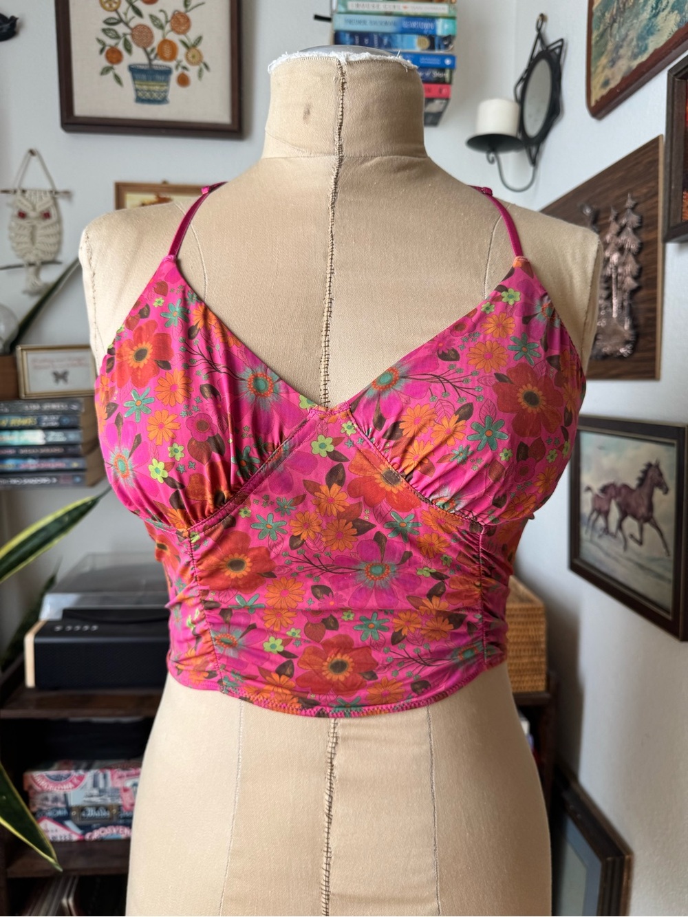 Natural Life Strappy Bralette Pink Floral V Neck Ruched Small Stretchy